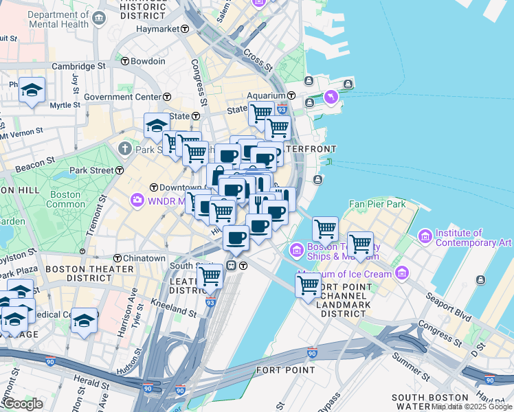 map of restaurants, bars, coffee shops, grocery stores, and more near 137-139 Pearl Street in Boston