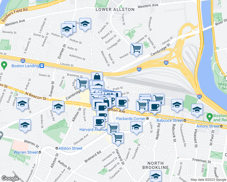 map of restaurants, bars, coffee shops, grocery stores, and more near 5 Pratt St in Allston