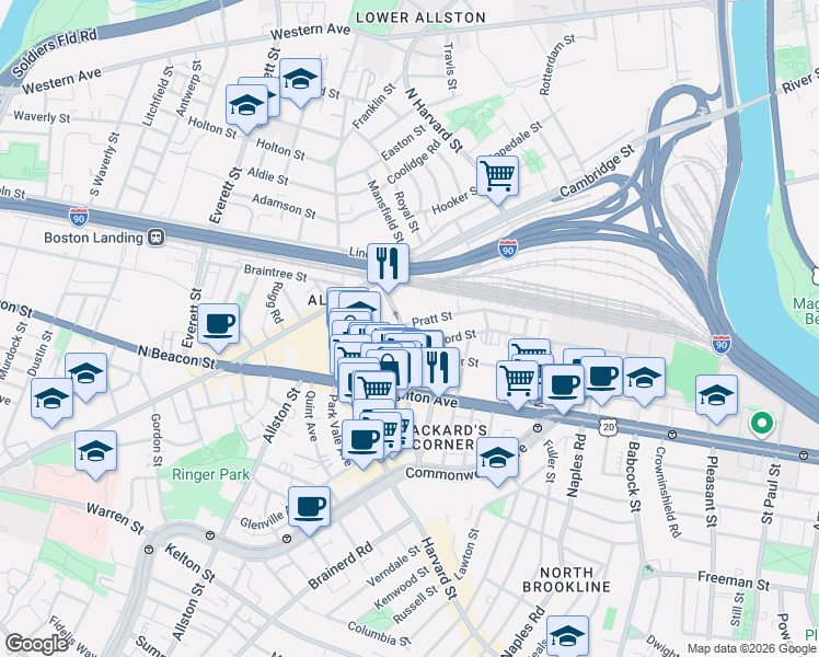 map of restaurants, bars, coffee shops, grocery stores, and more near in Boston