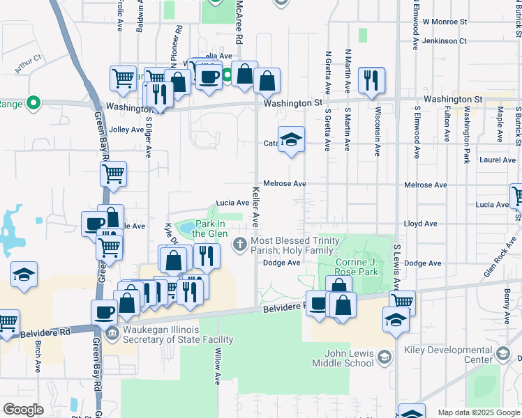 map of restaurants, bars, coffee shops, grocery stores, and more near 305 Keller Avenue in Waukegan