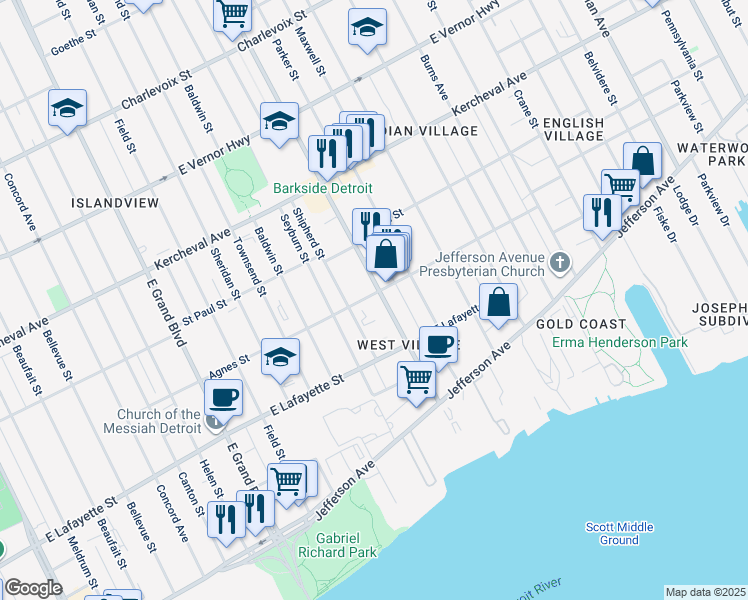 map of restaurants, bars, coffee shops, grocery stores, and more near 1090 Shipherd Street in Detroit