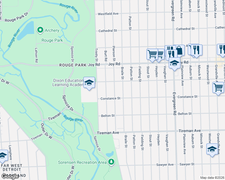 map of restaurants, bars, coffee shops, grocery stores, and more near 8459 Pierson Street in Detroit