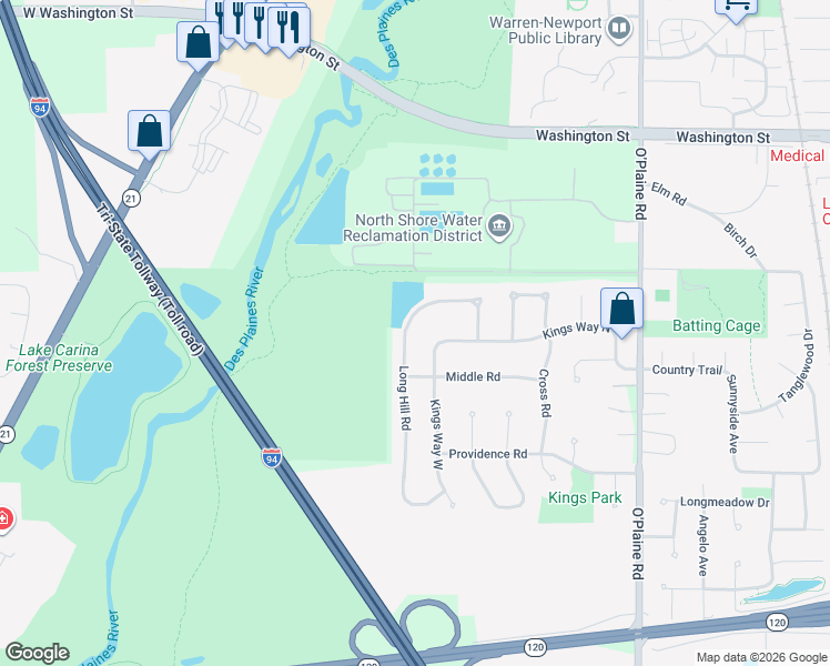 map of restaurants, bars, coffee shops, grocery stores, and more near 4786 Kings Way North in Gurnee