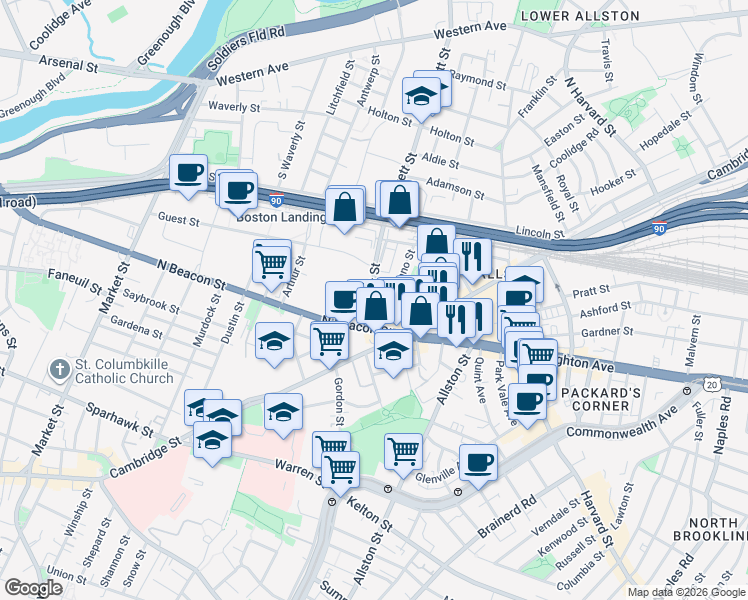 map of restaurants, bars, coffee shops, grocery stores, and more near 25 Everett Street in Boston