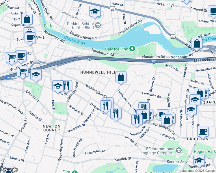 map of restaurants, bars, coffee shops, grocery stores, and more near 14 Burton Street in Boston
