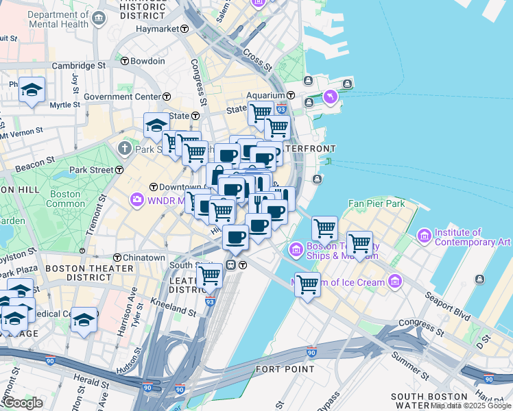 map of restaurants, bars, coffee shops, grocery stores, and more near 137-139 Pearl Street in Boston