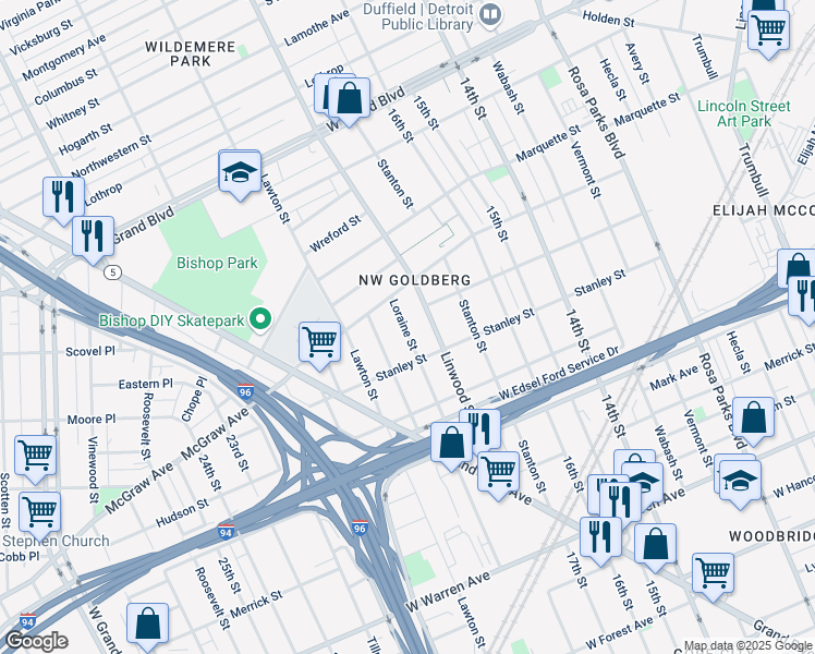 map of restaurants, bars, coffee shops, grocery stores, and more near 5738 Missouri Street in Detroit