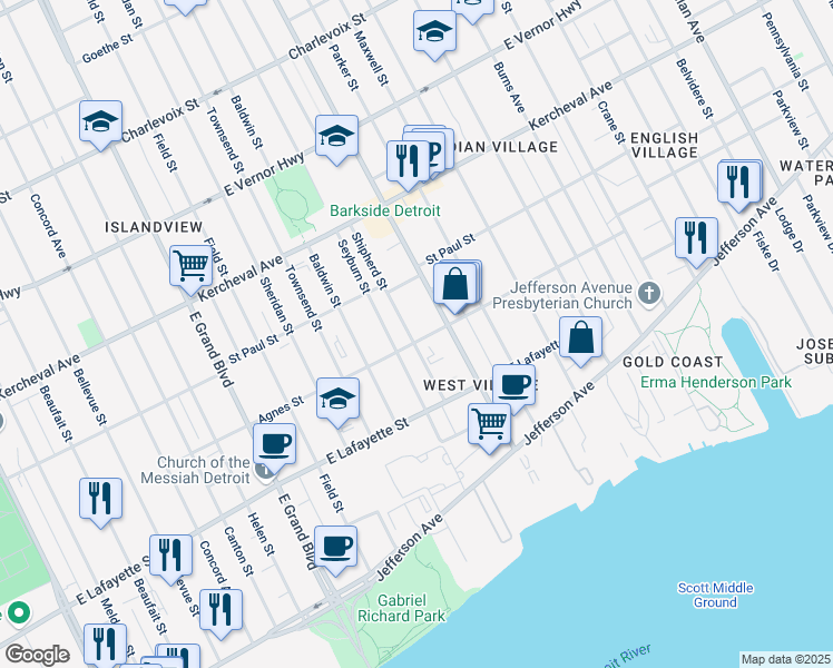 map of restaurants, bars, coffee shops, grocery stores, and more near 1090 Shipherd Street in Detroit