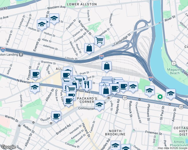 map of restaurants, bars, coffee shops, grocery stores, and more near 72 Gardner Street in Boston