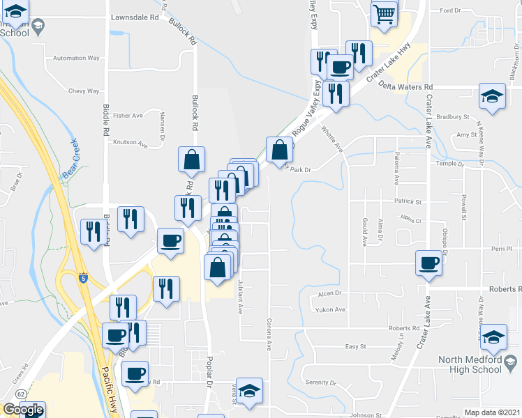 map of restaurants, bars, coffee shops, grocery stores, and more near 2529 Corona Avenue in Medford