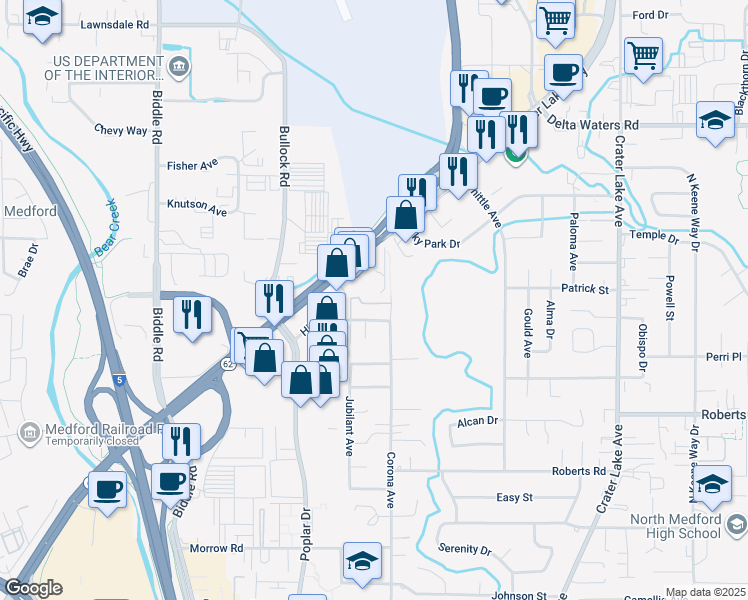 map of restaurants, bars, coffee shops, grocery stores, and more near 2529 Corona Avenue in Medford