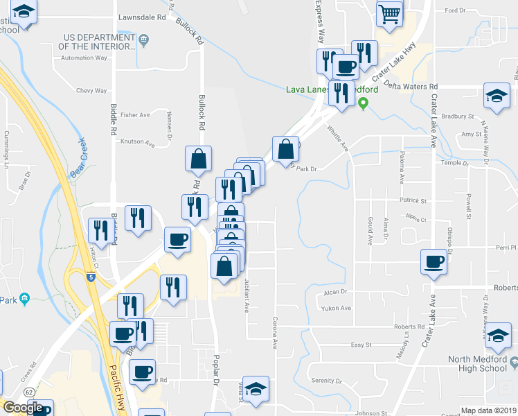 map of restaurants, bars, coffee shops, grocery stores, and more near 2529 Corona Avenue in Medford