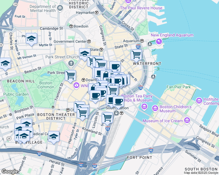 map of restaurants, bars, coffee shops, grocery stores, and more near 155 Federal Street in Boston