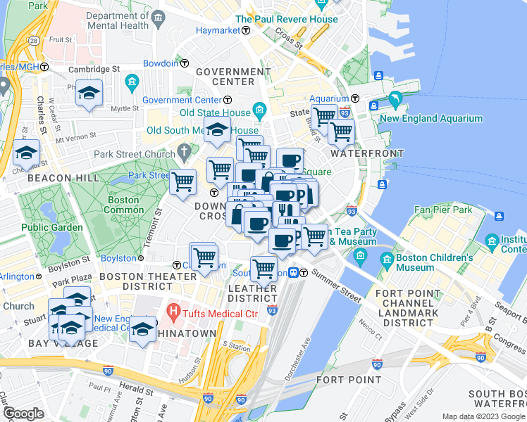 map of restaurants, bars, coffee shops, grocery stores, and more near 155 Federal Street in Boston