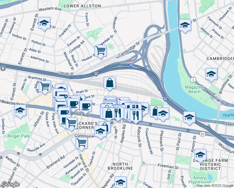 map of restaurants, bars, coffee shops, grocery stores, and more near 89 Ashford Street in Boston