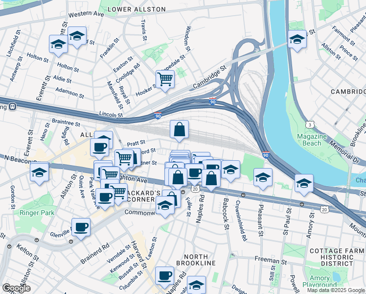 map of restaurants, bars, coffee shops, grocery stores, and more near 69 Ashford Street in Boston