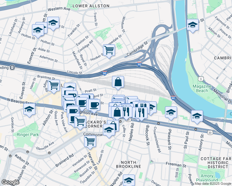 map of restaurants, bars, coffee shops, grocery stores, and more near 69 Ashford Street in Boston