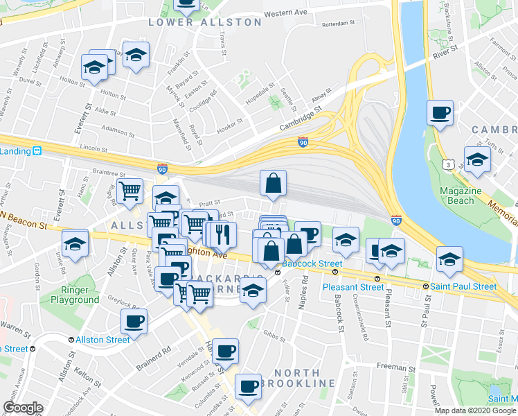 map of restaurants, bars, coffee shops, grocery stores, and more near 72 Gardner Street in Boston