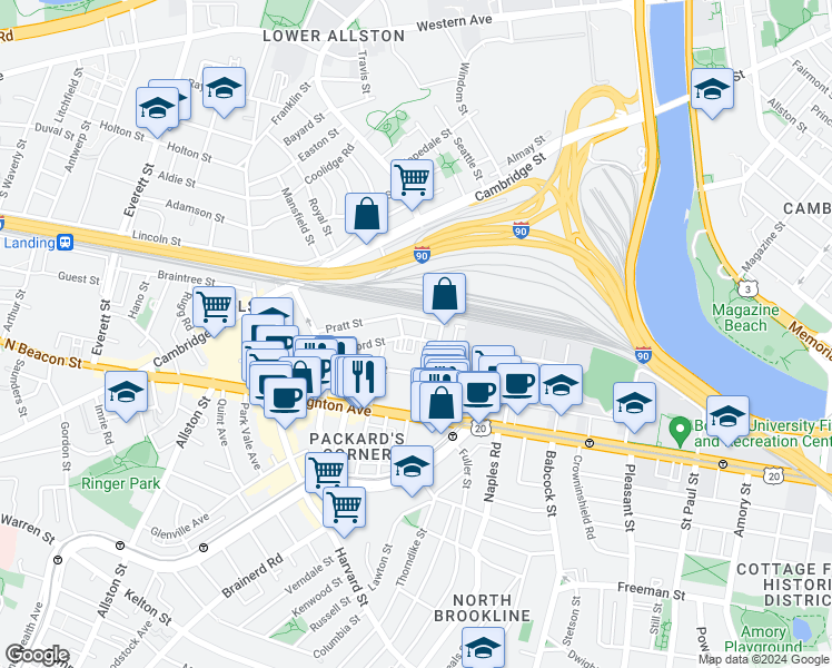map of restaurants, bars, coffee shops, grocery stores, and more near 72 Gardner Street in Boston