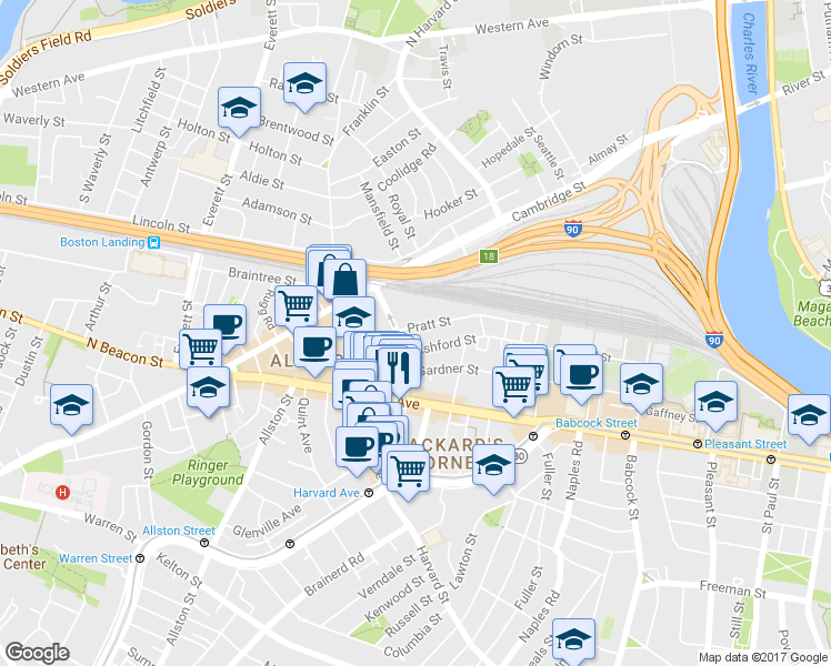 map of restaurants, bars, coffee shops, grocery stores, and more near 44 Linden Street in Boston