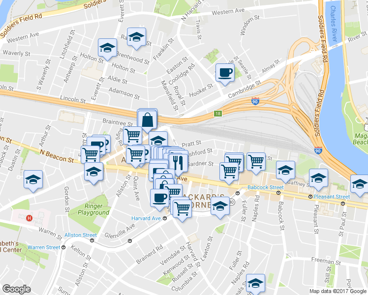 map of restaurants, bars, coffee shops, grocery stores, and more near 44 Linden Street in Boston