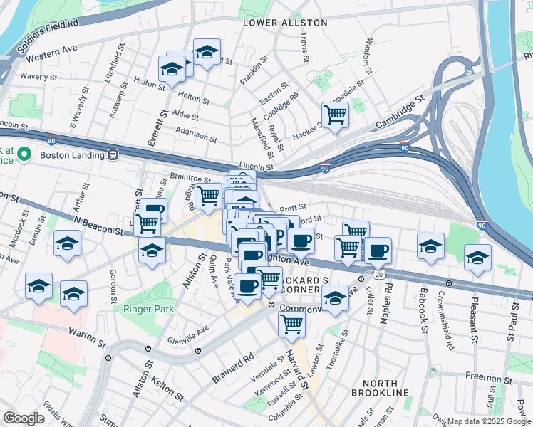 map of restaurants, bars, coffee shops, grocery stores, and more near 9 Farrington Avenue in Boston