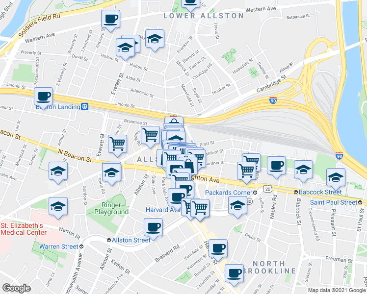 map of restaurants, bars, coffee shops, grocery stores, and more near 9 Farrington Avenue in Boston