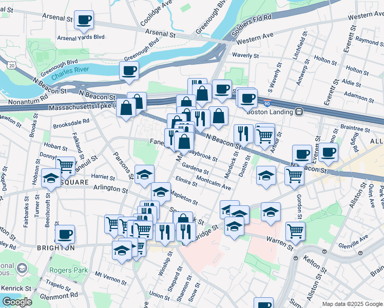 map of restaurants, bars, coffee shops, grocery stores, and more near 14-16 Gardena Street in Boston