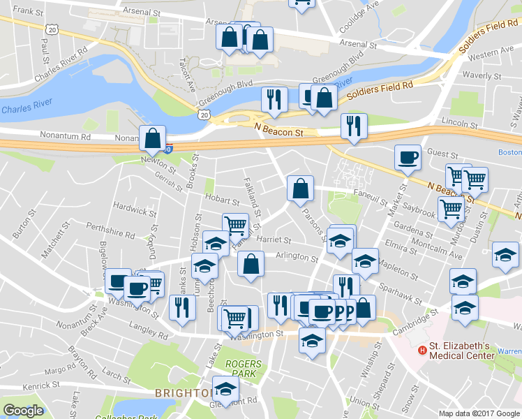 map of restaurants, bars, coffee shops, grocery stores, and more near in Boston