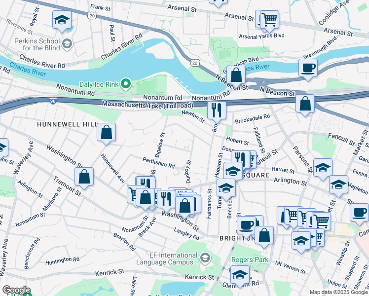 map of restaurants, bars, coffee shops, grocery stores, and more near 61 Dunboy Street in Boston