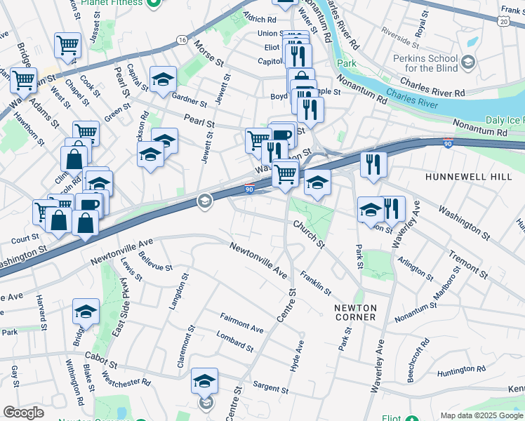 map of restaurants, bars, coffee shops, grocery stores, and more near 14 Maple Avenue in Newton