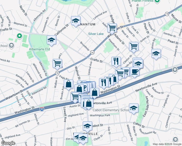 map of restaurants, bars, coffee shops, grocery stores, and more near 57 Turner Terrace in Newton