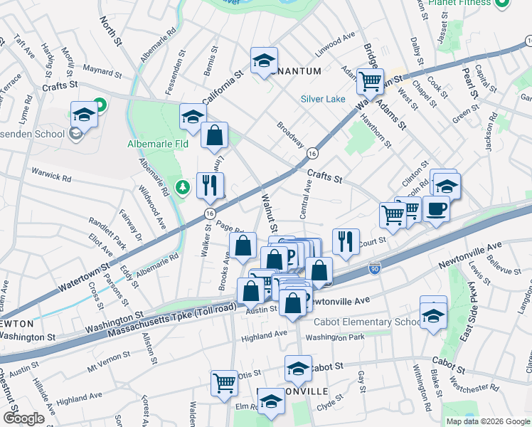 map of restaurants, bars, coffee shops, grocery stores, and more near 89 Lowell Avenue in Newton