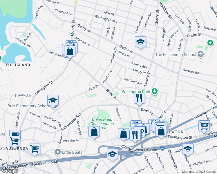map of restaurants, bars, coffee shops, grocery stores, and more near in Newton