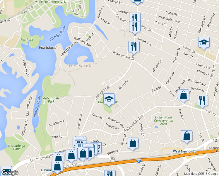 map of restaurants, bars, coffee shops, grocery stores, and more near 116 Albert Road in Newton