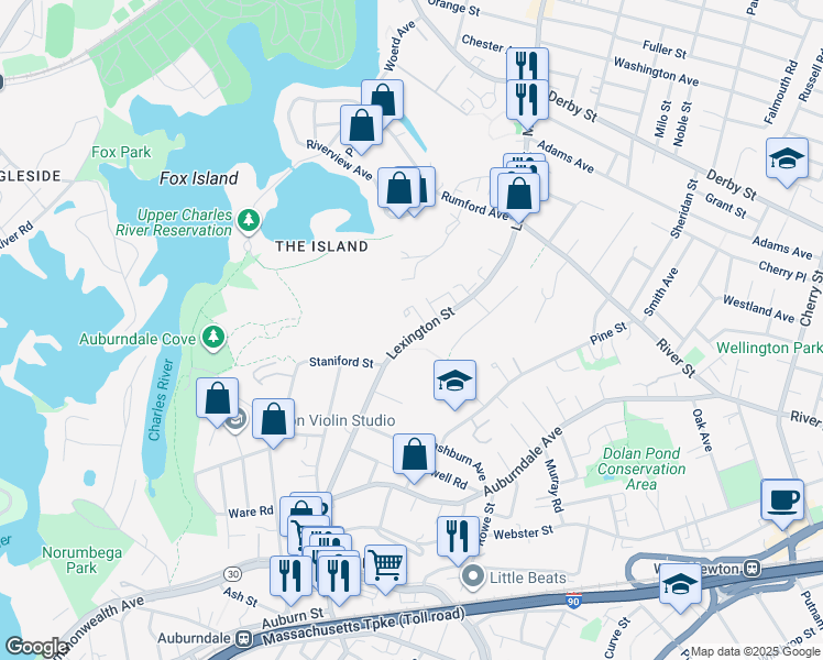 map of restaurants, bars, coffee shops, grocery stores, and more near 226 Lexington Street in Newton