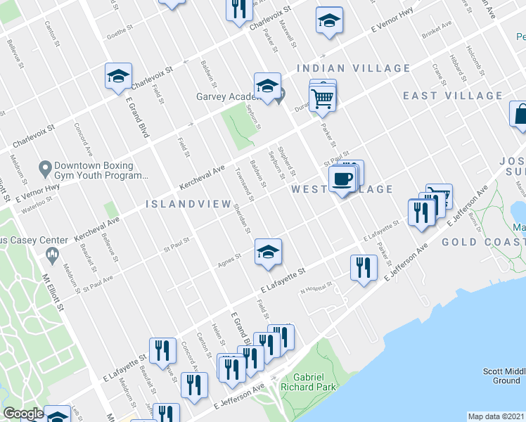map of restaurants, bars, coffee shops, grocery stores, and more near 1456 Sheridan Street in Detroit