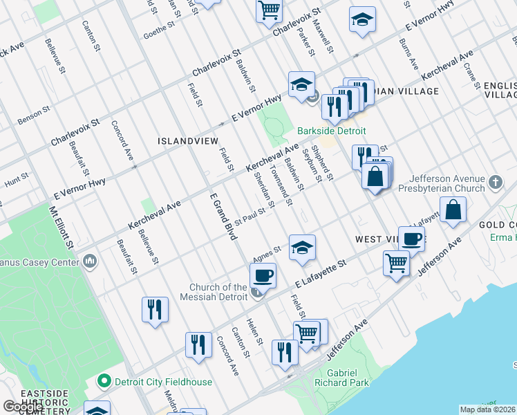 map of restaurants, bars, coffee shops, grocery stores, and more near 1504 Field Street in Detroit