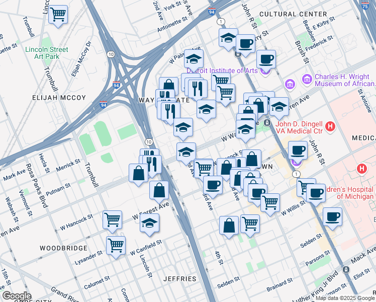 map of restaurants, bars, coffee shops, grocery stores, and more near 4800 4th Street in Detroit