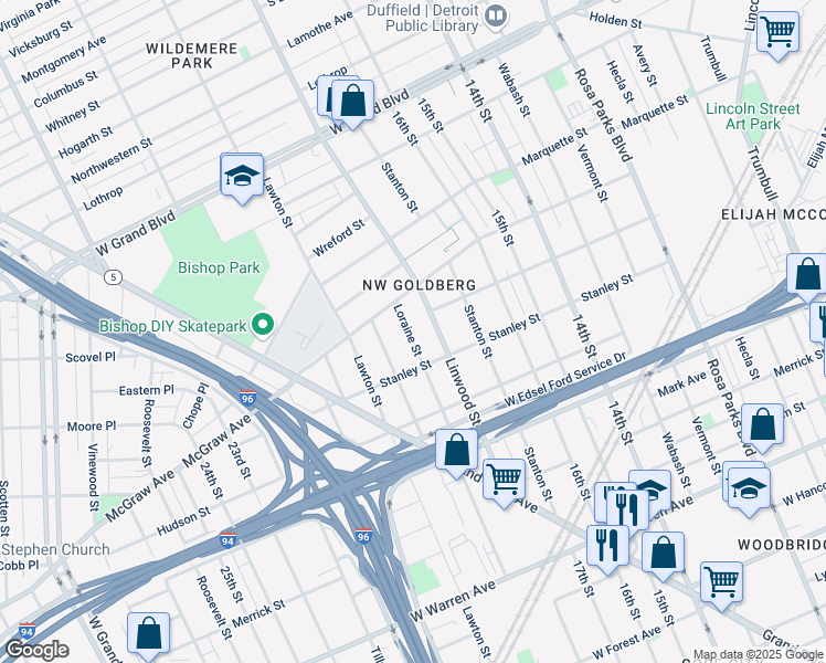 map of restaurants, bars, coffee shops, grocery stores, and more near 5738 Missouri Street in Detroit