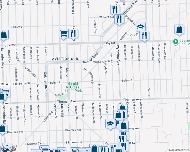 map of restaurants, bars, coffee shops, grocery stores, and more near 8157 Morrow Circle in Detroit