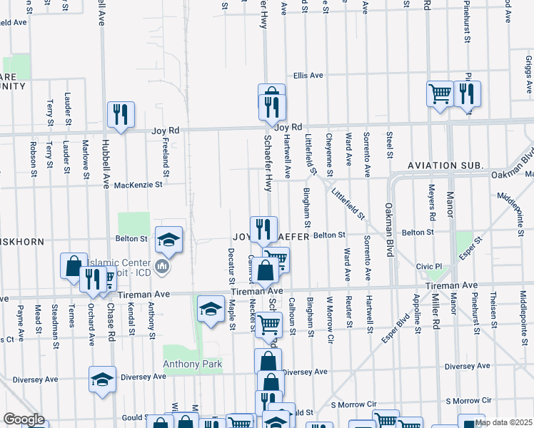 map of restaurants, bars, coffee shops, grocery stores, and more near 8214 Carlin Street in Detroit