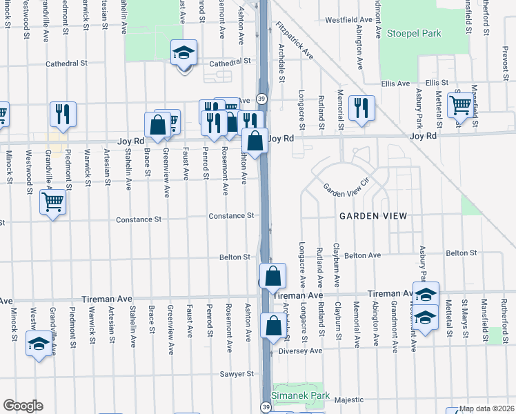 map of restaurants, bars, coffee shops, grocery stores, and more near in Detroit