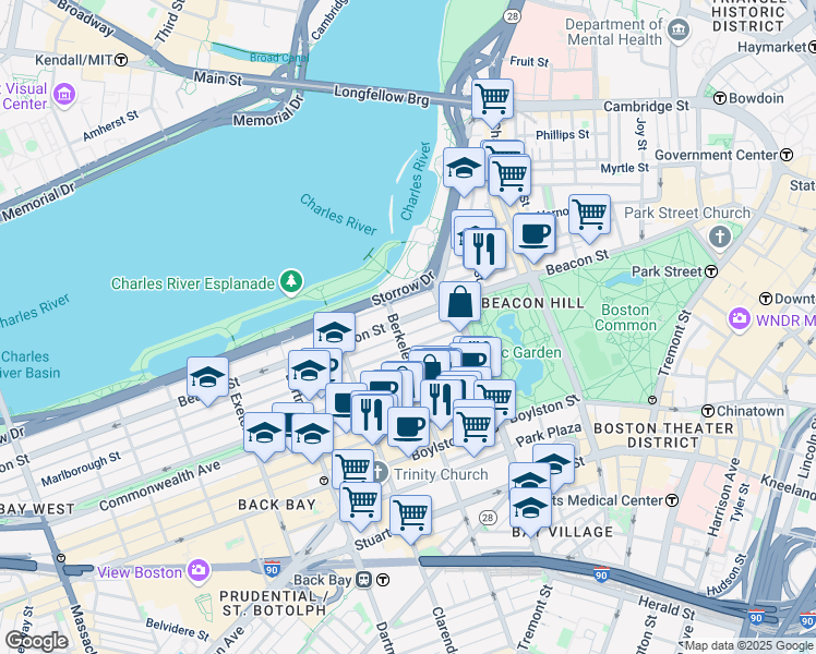 map of restaurants, bars, coffee shops, grocery stores, and more near 62 Marlborough Street in Boston