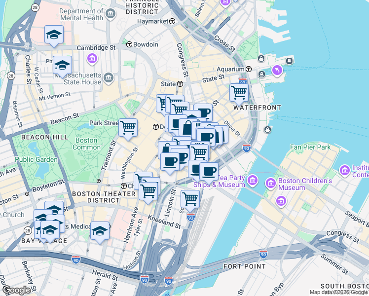 map of restaurants, bars, coffee shops, grocery stores, and more near 175 Federal Street in Boston