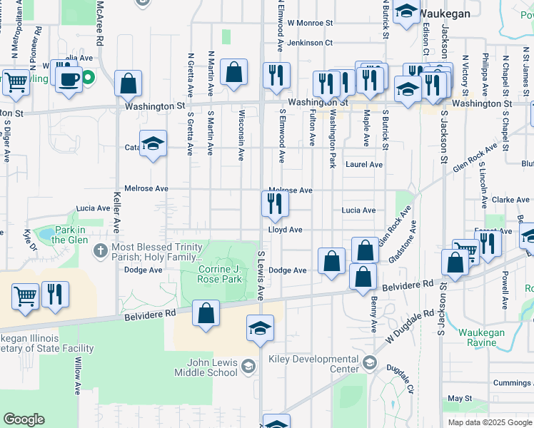 map of restaurants, bars, coffee shops, grocery stores, and more near 402 South Elmwood Avenue in Waukegan