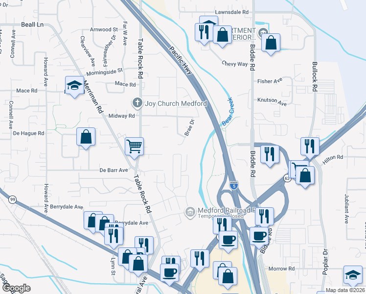 map of restaurants, bars, coffee shops, grocery stores, and more near 2718 Brae Drive in Medford