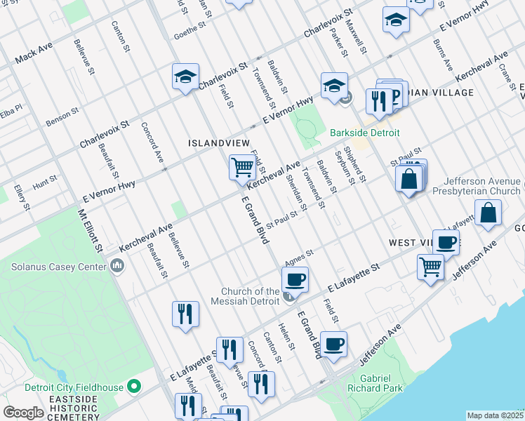 map of restaurants, bars, coffee shops, grocery stores, and more near 390 East Grand Boulevard in Detroit