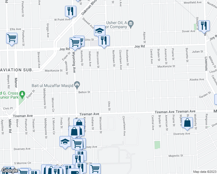 map of restaurants, bars, coffee shops, grocery stores, and more near 8230 Ohio in Detroit