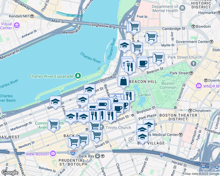 map of restaurants, bars, coffee shops, grocery stores, and more near 62 Marlborough Street in Boston